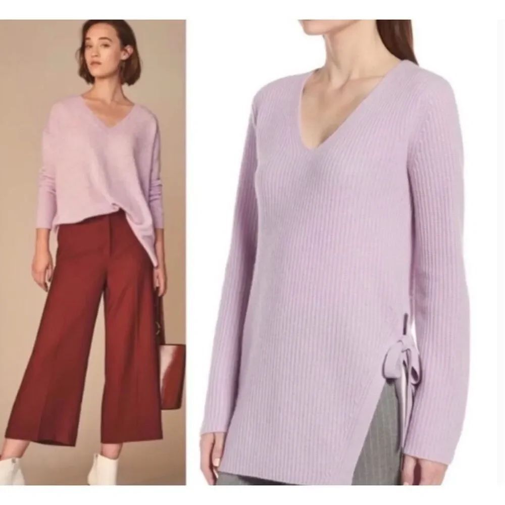 Halogen 100% cashmere purple ribbed vneck tie side sweater small